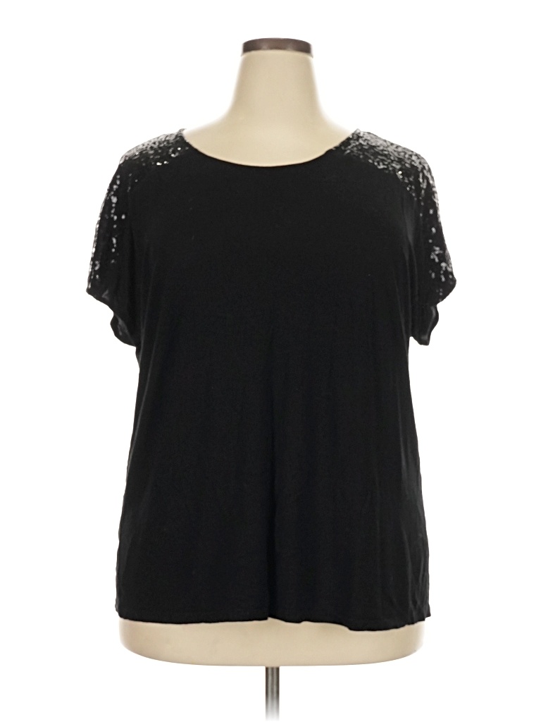 Pre-owned Ellos Short Sleeve Top Black Solid Pattern Crew Neck Tops