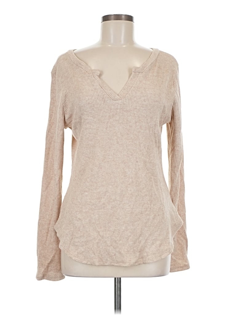 Pre-owned Gilli Long Sleeve Top Tan V-neck Tops