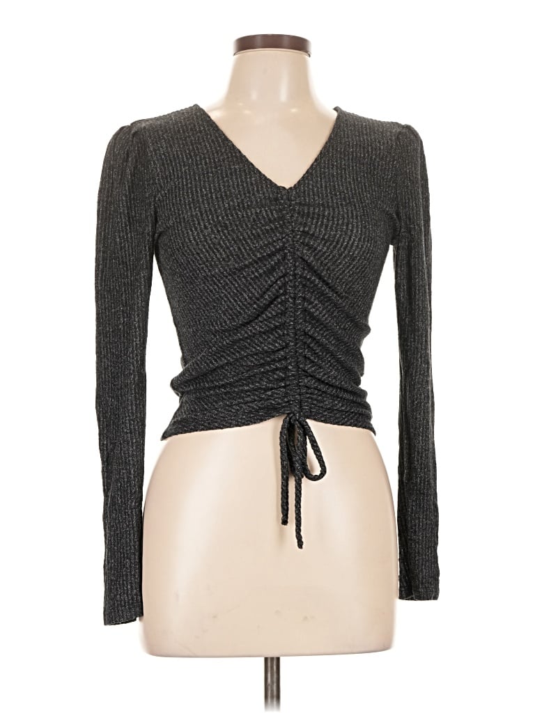 Pre-owned Moa Moa Long Sleeve Top Gray Plunge Neckline Tops
