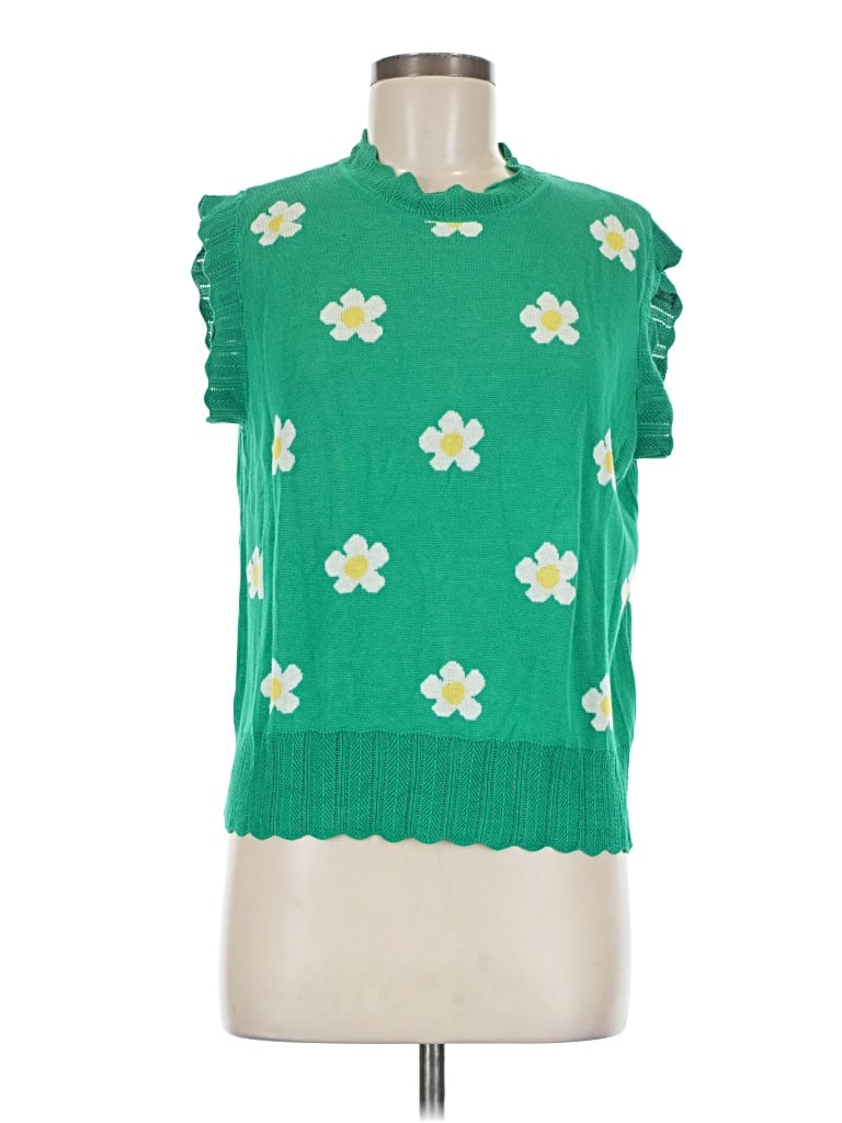 Pre-owned First Love Short Sleeve Top Green Mock Neckline Tops