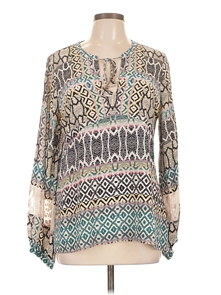 Pre-owned Hale Bob Long Sleeve Silk Top Teal Keyhole Neckline Tops
