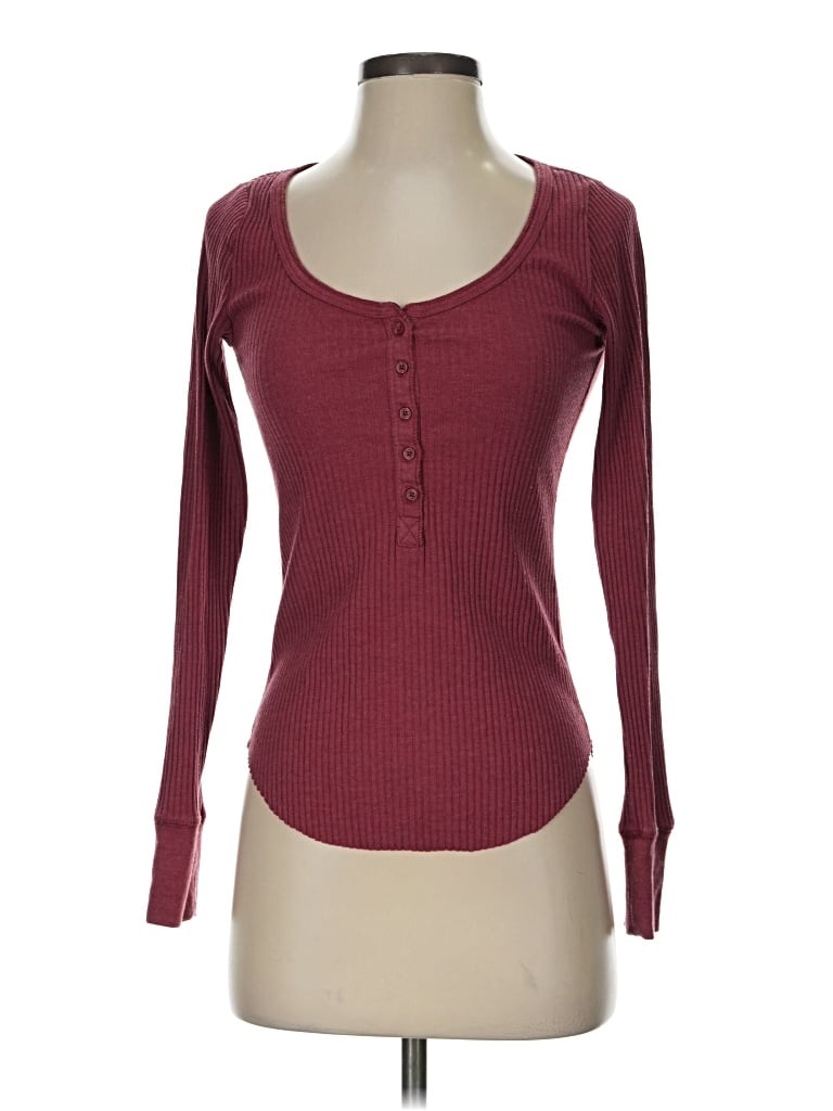 Pre-owned Aerie Long Sleeve Henley Shirt In Burgundy