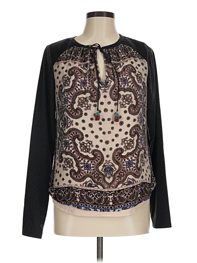 Pre-owned Hale Bob Long Sleeve Silk Top Black Keyhole Neckline Tops