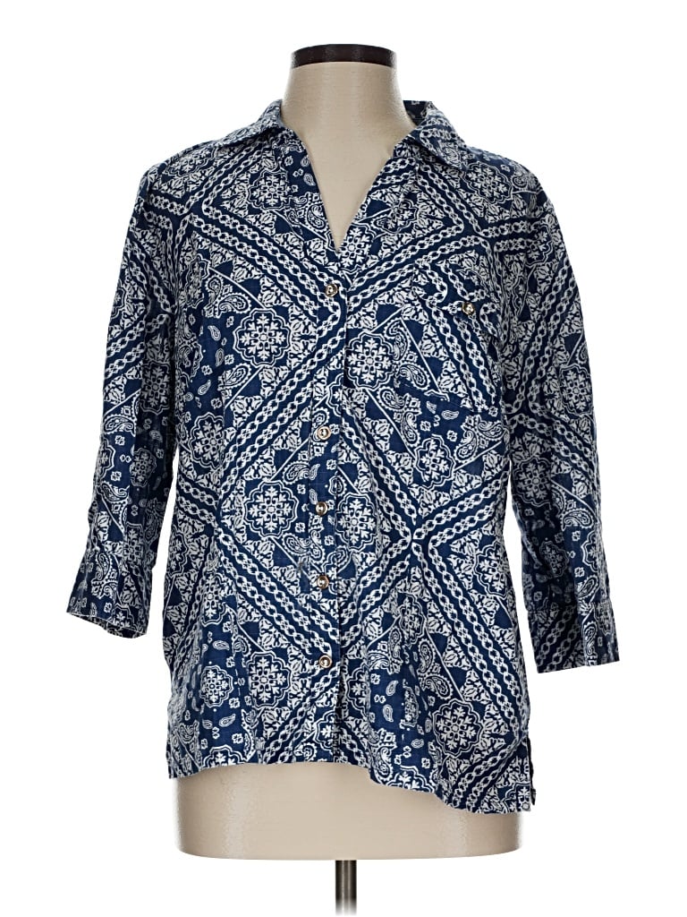 Pre-owned Karen Scott 3/4 Sleeve Button Down Shirt In Blue