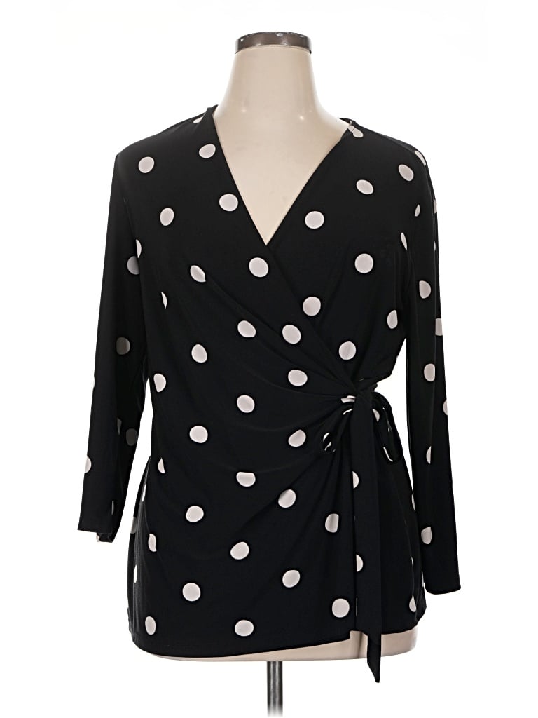 Pre-owned Anne Klein Long Sleeve Top Black Polka Dots Pattern Plunge Neckline Tops