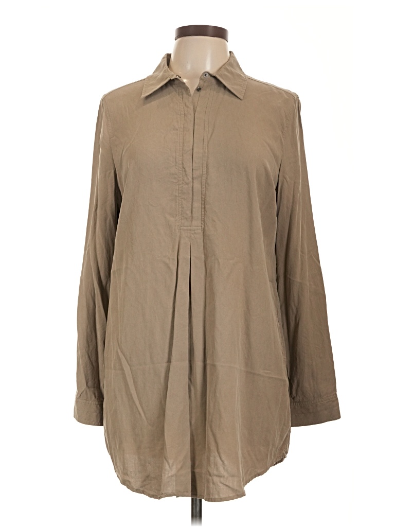 Pre-owned Tyler Boe Long Sleeve Silk Top Tan Collared Neckline Tops