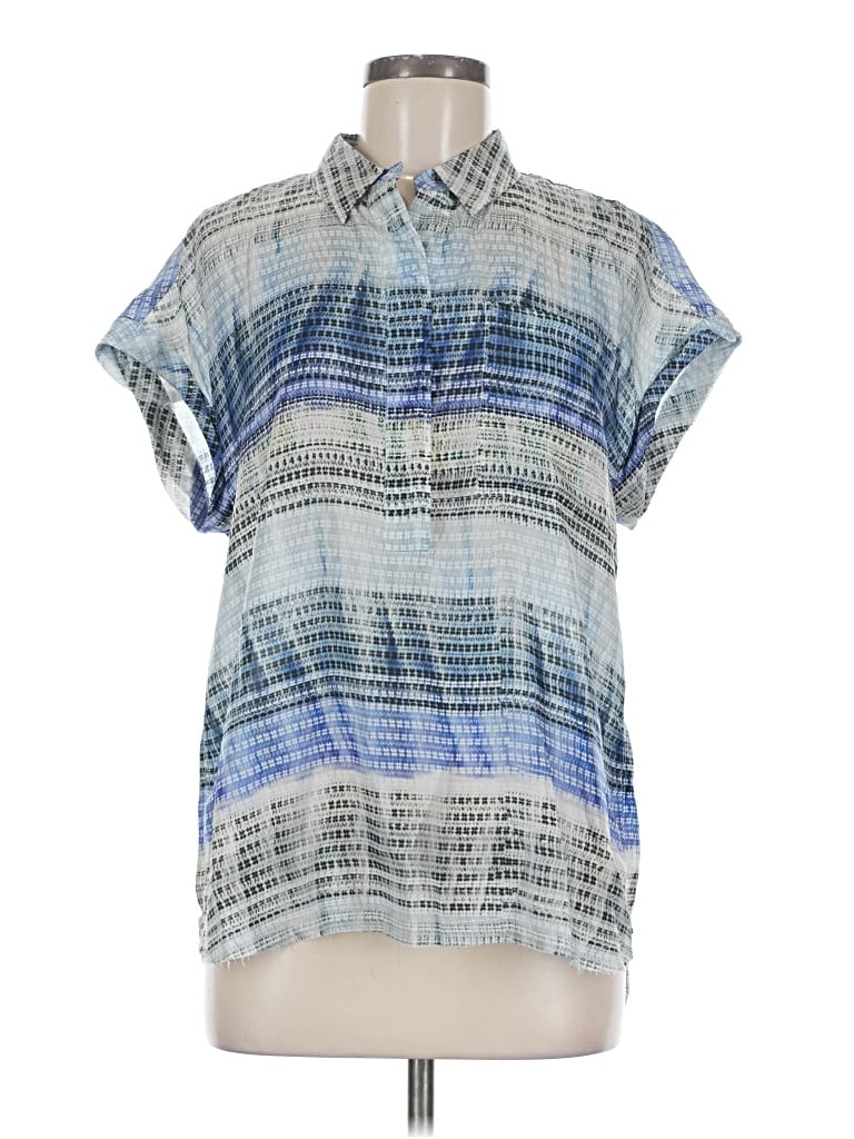 Pre-owned Go By Go Silk Short Sleeve Silk Top Blue Stripes Pattern Collared Neckline Tops