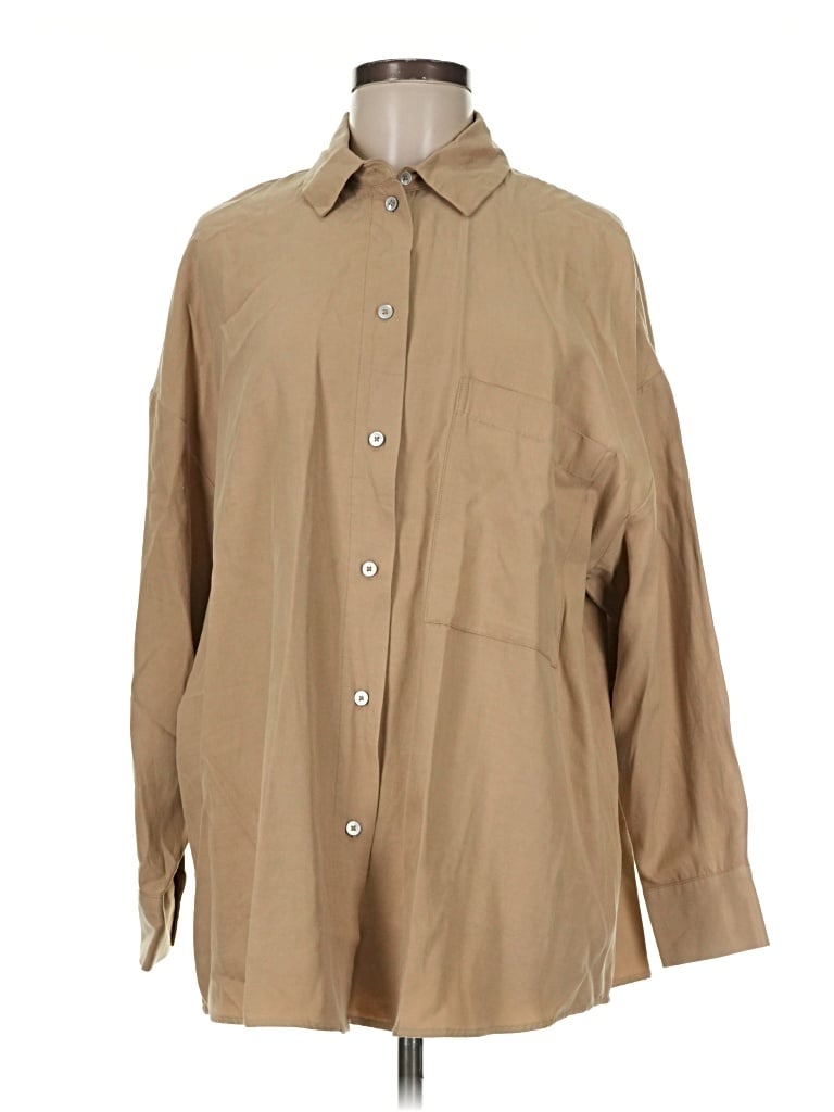 Oysho Long Sleeve Button Down Shirt In Tan