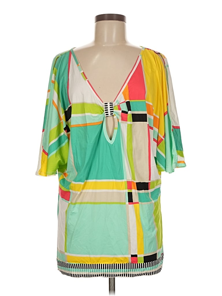 Trina Turk Short Sleeve Blouse: Green Color Block Pattern Tops - Size Medium