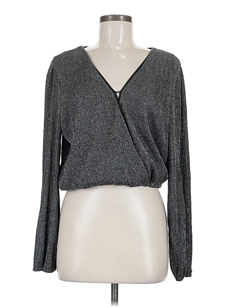 Pre-owned Acoa Collection Long Sleeve Top Gray Plunge Neckline Tops