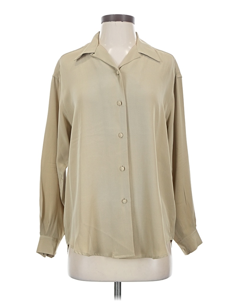 Pre-owned Doncaster Collection Long Sleeve Silk Top Tan Open Neckline Tops