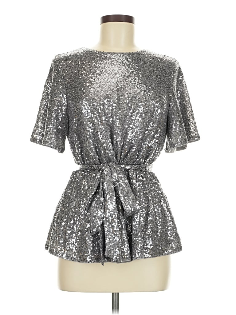 Pre-owned Grace Karin Short Sleeve Top Silver Metallic Pattern Keyhole Neckline Tops