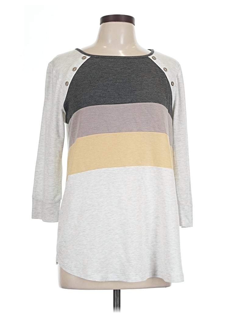 Pre-owned Pink Clover 3/4 Sleeve Top Gray Color Block Pattern Crew Neck Tops