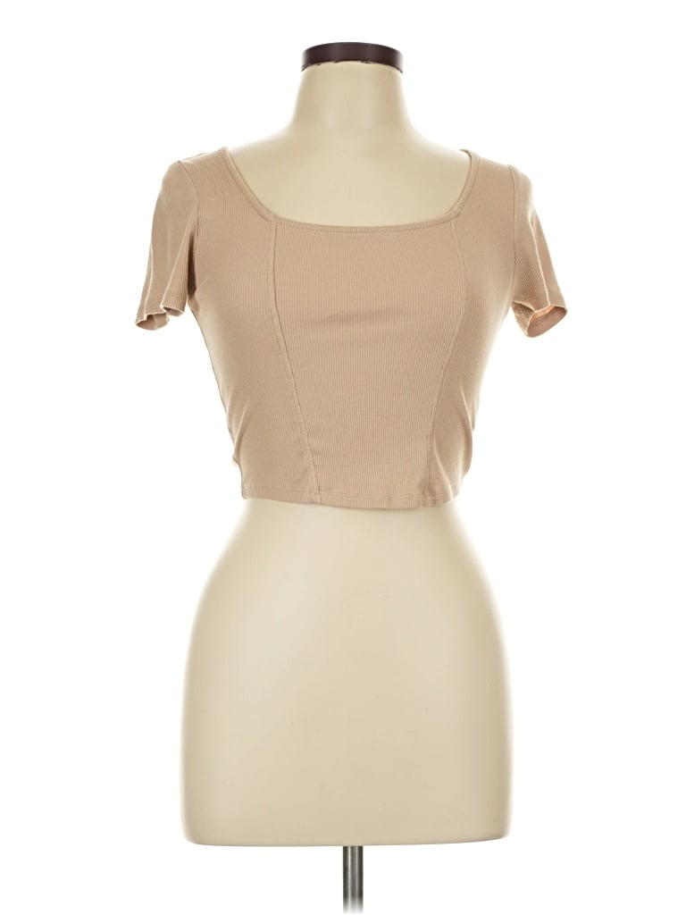 Pre-owned Ambiance Short Sleeve Top Tan Sweetheart Neckline Tops