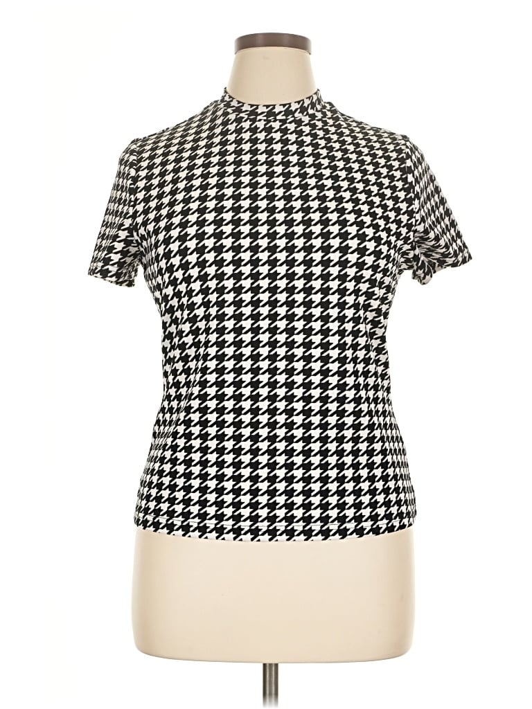Pre-owned Shein Curve Short Sleeve Top Black Houndstooth Pattern Mock Neckline Tops