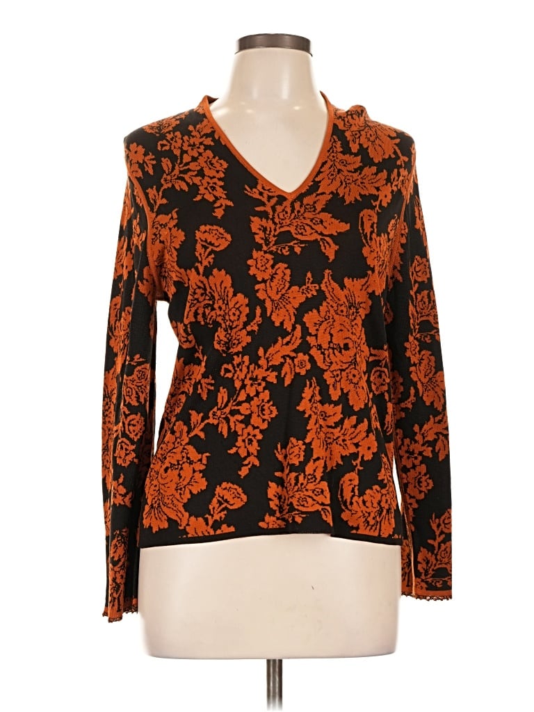 Pre-owned Sigrid Olsen Long Sleeve Silk Top Orange Plunge Neckline Tops