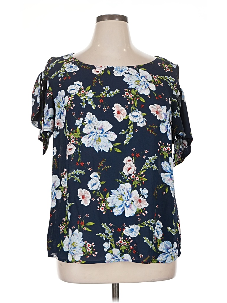 Pre-owned Roz & Ali Short Sleeve Blouse In Blue