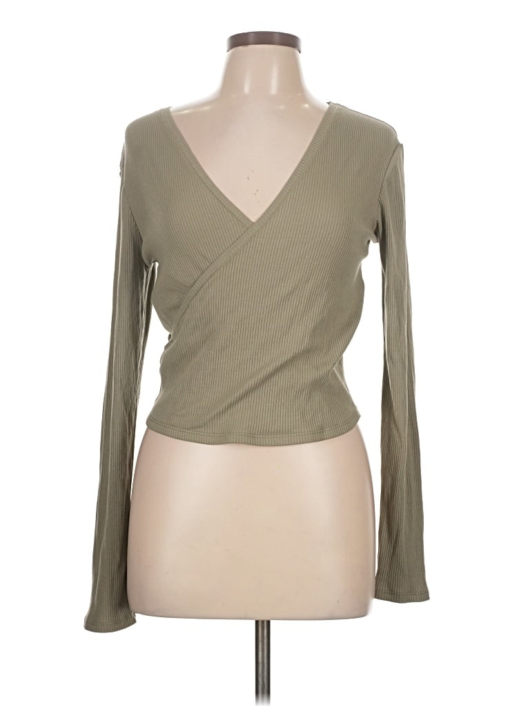 Pre-owned Fabletics Long Sleeve Top Green Plunge Neckline Tops