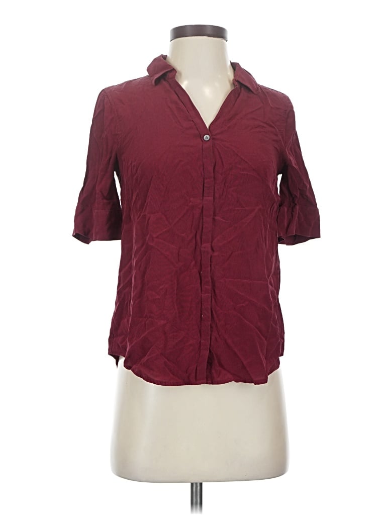 Pre-owned Jcrew 3/4 Sleeve Silk Top Burgundy Collared Neckline Tops