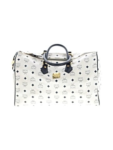 MCM Vicetos Logogram Boston Bag PVC Leather White Gold Auth (view 1)