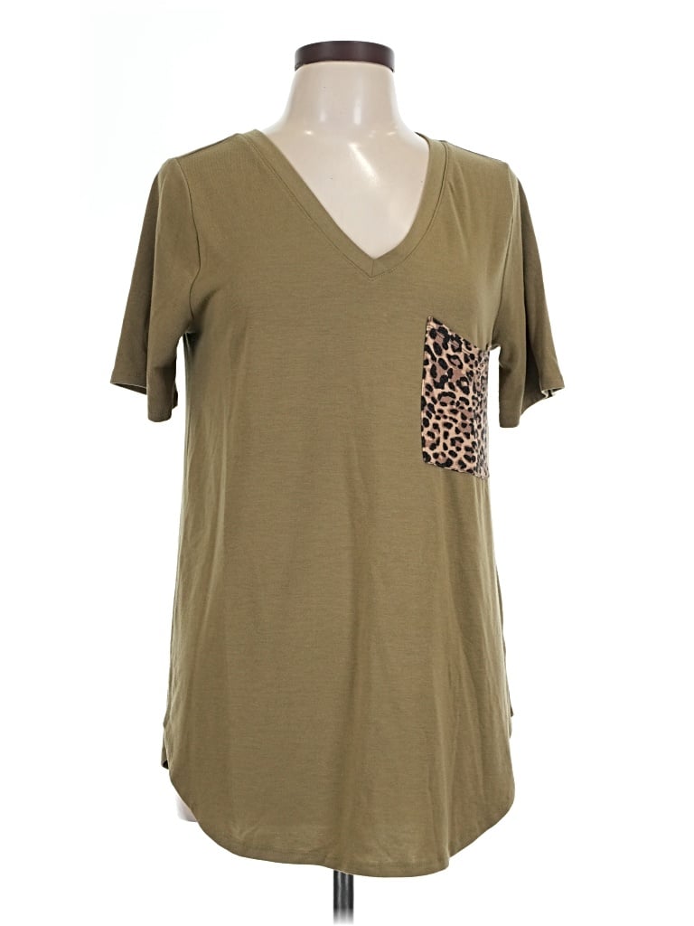 Pre-owned Zenana Short Sleeve Top Tan V-neck Tops
