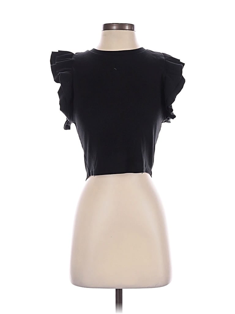Pre-owned Zara Short Sleeve Top Black Ruffles Neckline Tops