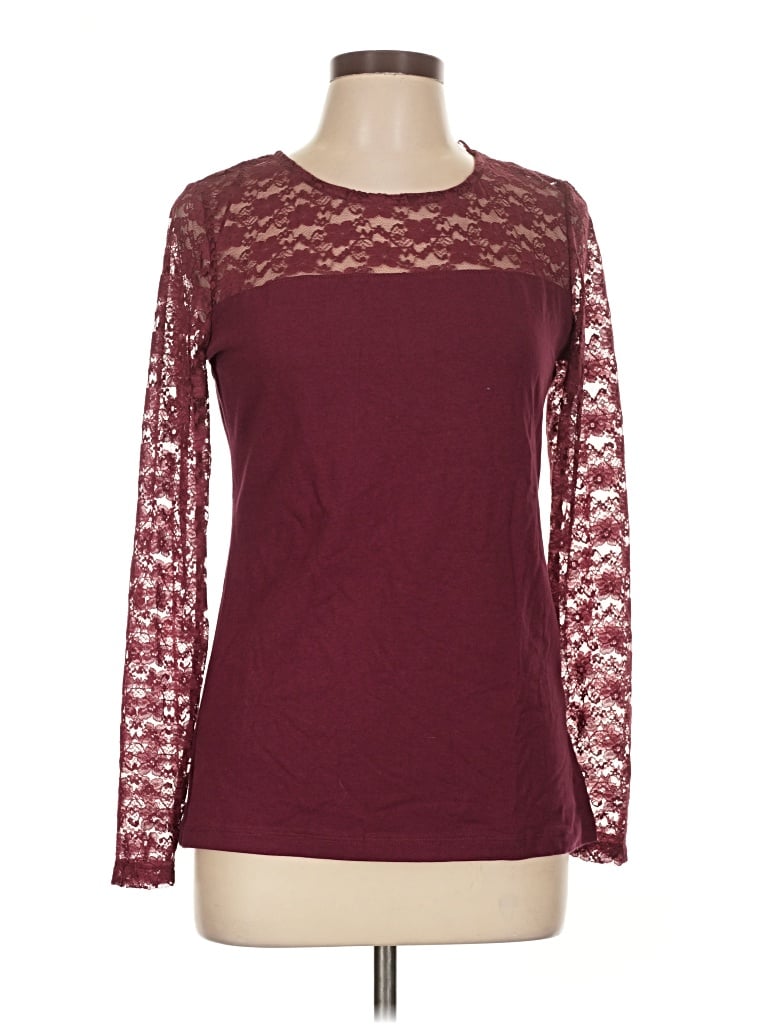 Pre-owned H&m Long Sleeve Top Burgundy Crew Neck Tops