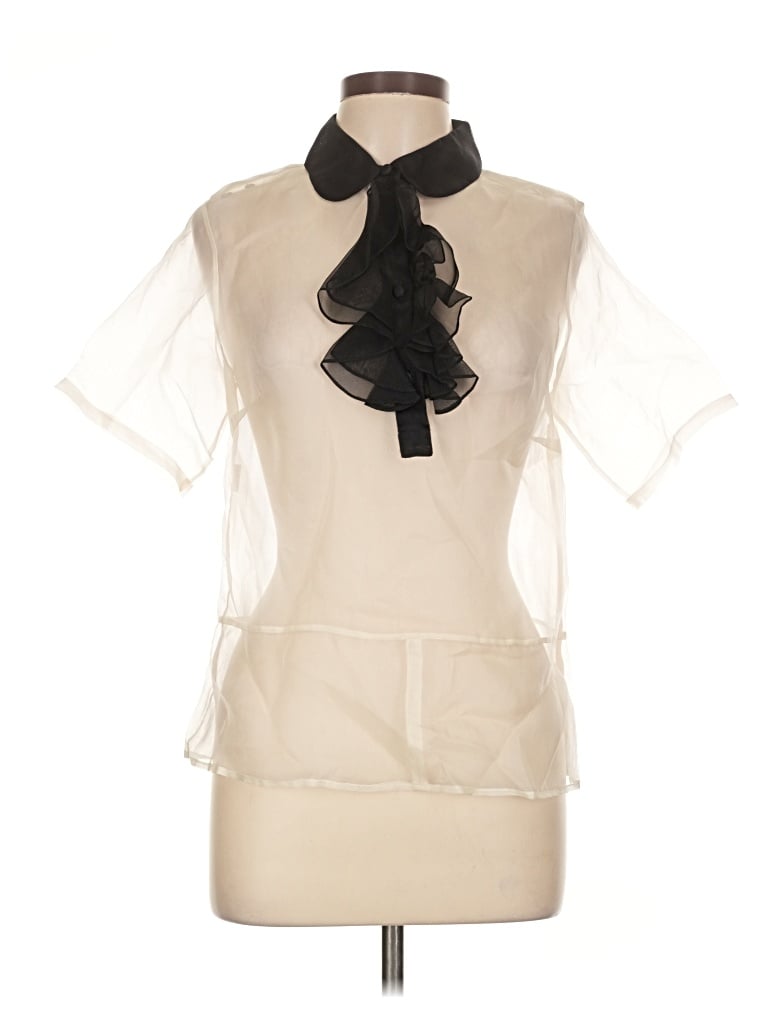Pre-owned Harvey Faircloth Short Sleeve Silk Top Ivory Tie Neck Tops