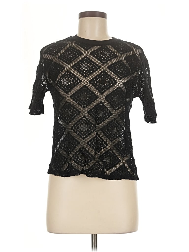 Pre-owned Mng Short Sleeve Top Black Mock Neckline Tops