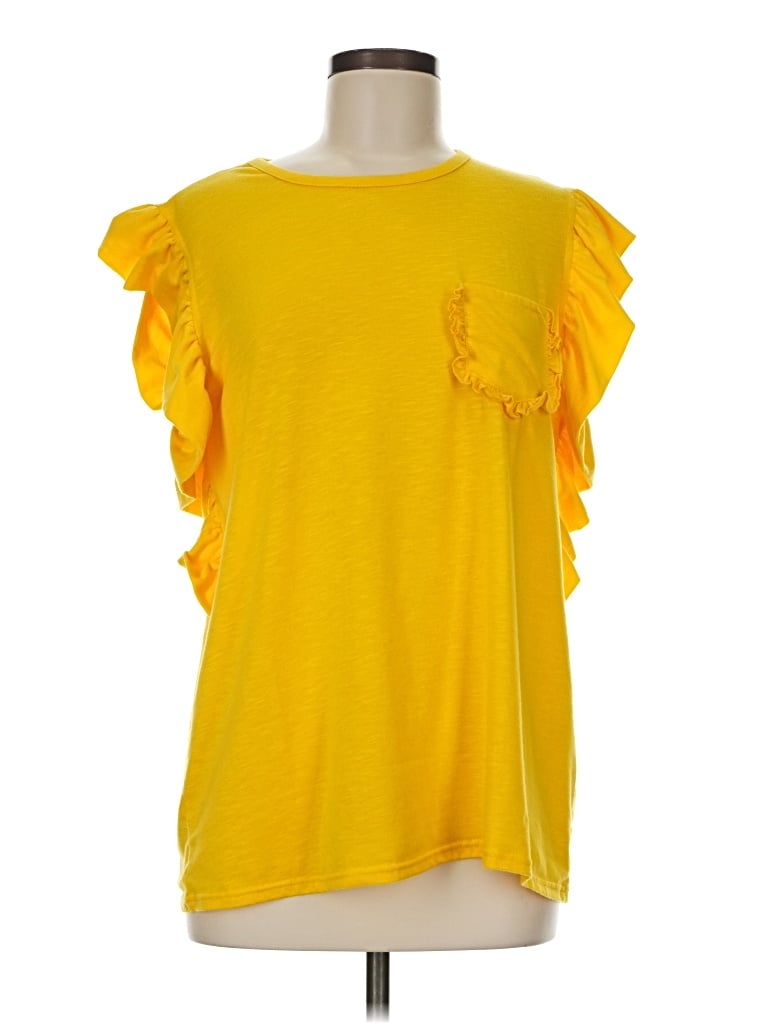 Pre-owned Miholl Short Sleeve Top Yellow Ruffles Neckline Tops