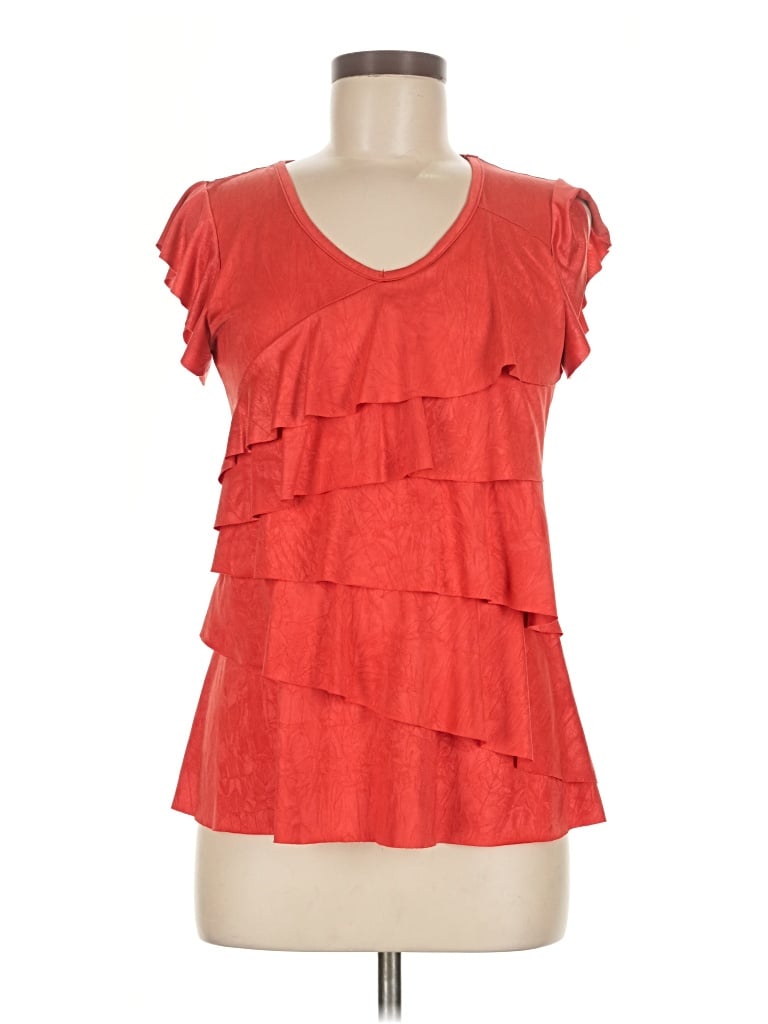 Pre-owned Iz Byer Short Sleeve Top Red Ruffles Neckline Tops
