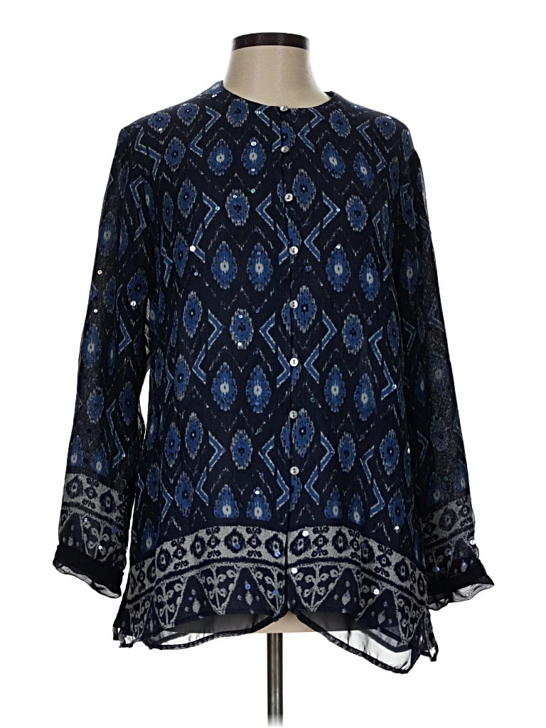 Pre-owned Laura Ashley Long Sleeve Silk Top Blue Paisley Pattern Mock Neckline Tops
