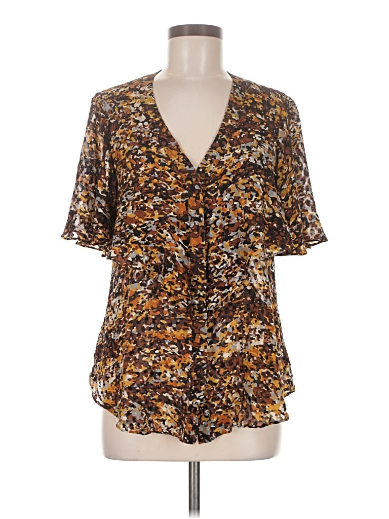 Pre-owned Bcbgmaxazria Short Sleeve Silk Top Brown Plunge Neckline Tops