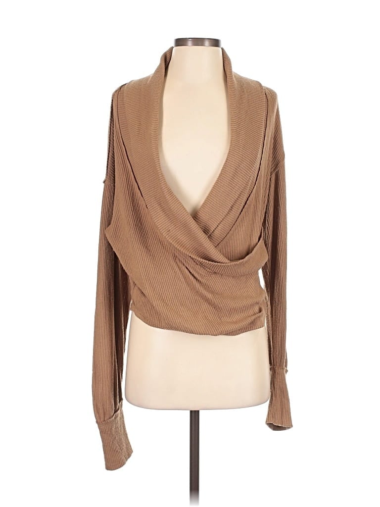 Pre-owned We The Free Long Sleeve Top Tan Plunge Neckline Tops