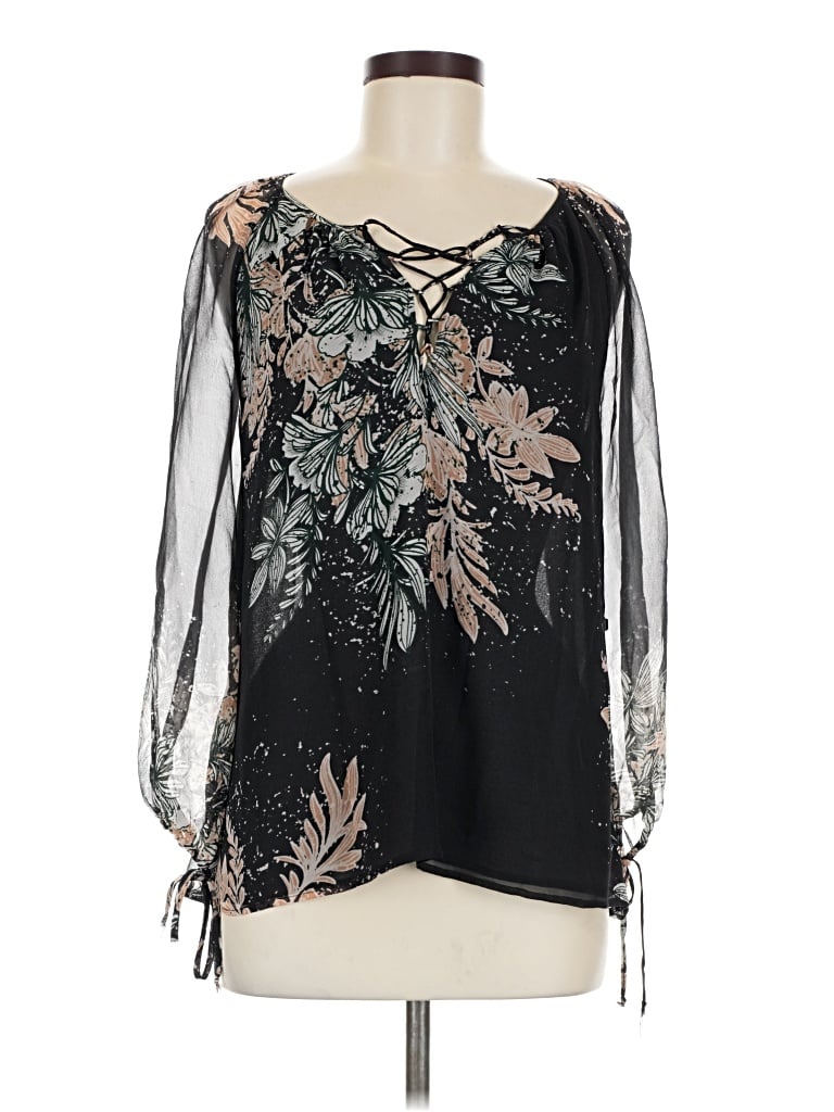 Pre-owned Ella Moss 3/4 Sleeve Silk Top Black Plunge Neckline Tops