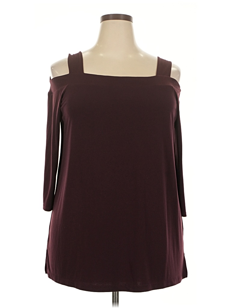 Pre-owned Woman Within 3/4 Sleeve Top Burgundy Solid Pattern Cold Shoulder Neckline Tops