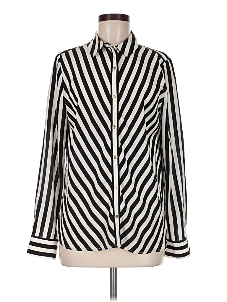 Pre-owned Juicy Couture Long Sleeve Silk Top Ivory Stripes Pattern High Neck Tops