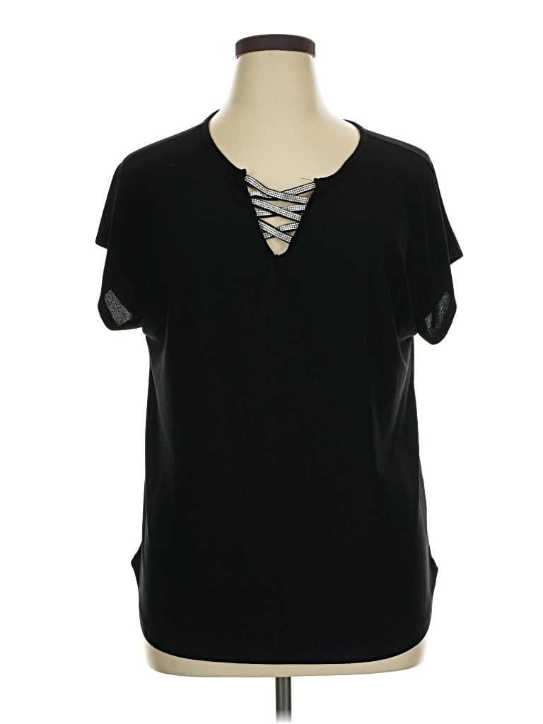 Pre-owned 89th & Madison Short Sleeve Top Black Keyhole Neckline Tops