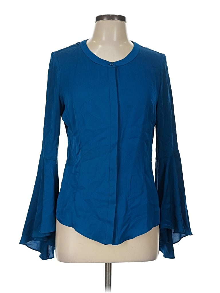 Pre-owned Milly Long Sleeve Silk Top Blue Keyhole Neckline Tops