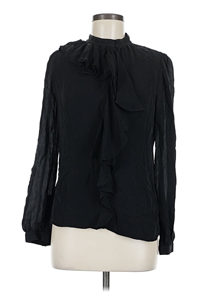 Pre-owned Bcbgmaxazria Long Sleeve Silk Top Black Tie Neck Tops