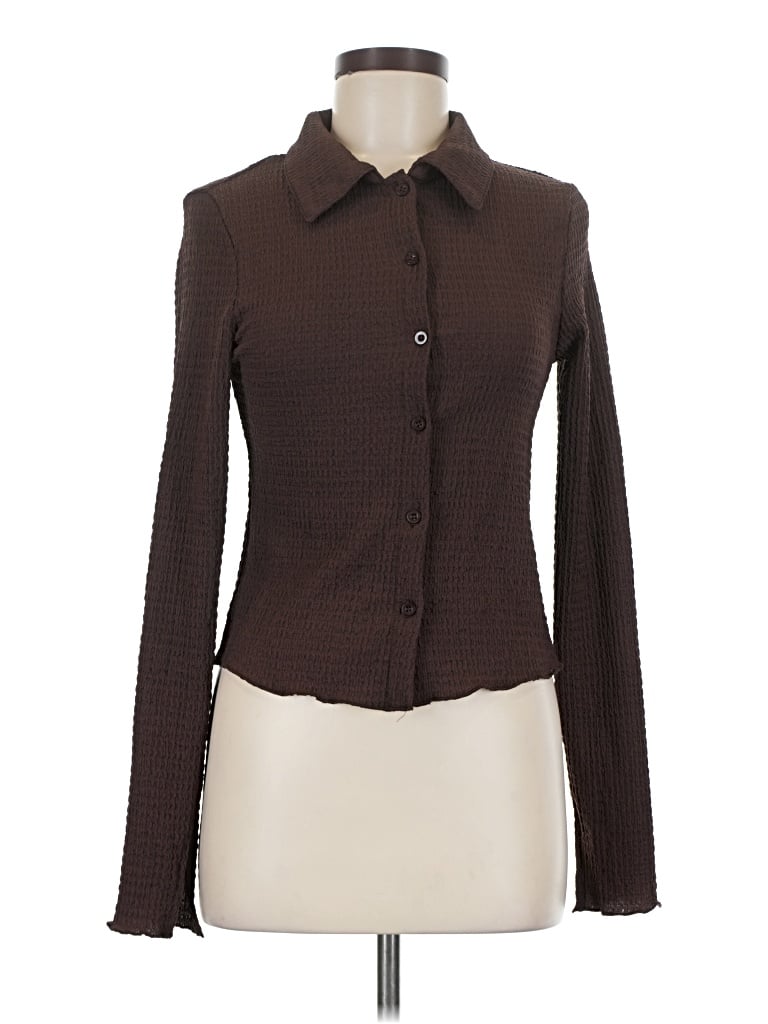 Pre-owned Shein Long Sleeve Polo Shirt In Brown