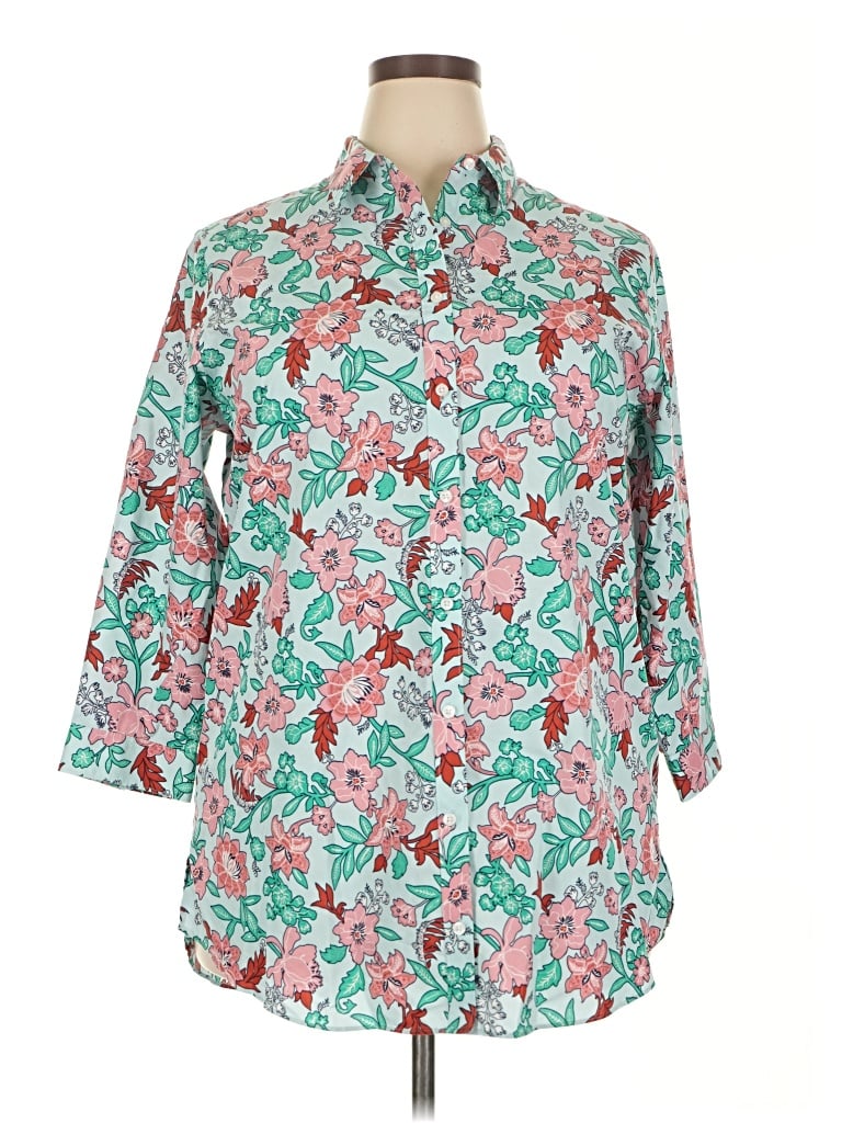 Pre-owned Lands' End 3/4 Sleeve Button Down Shirt In Teal