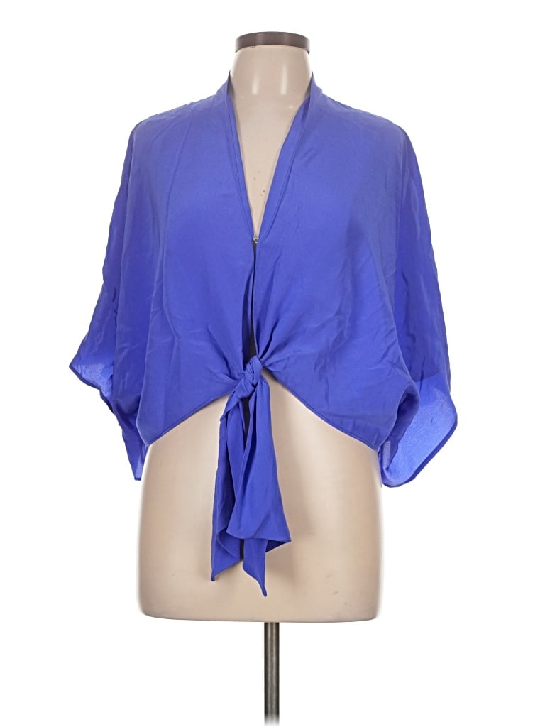 Pre-owned Lavender Brown 3/4 Sleeve Silk Top Blue Plunge Neckline Tops