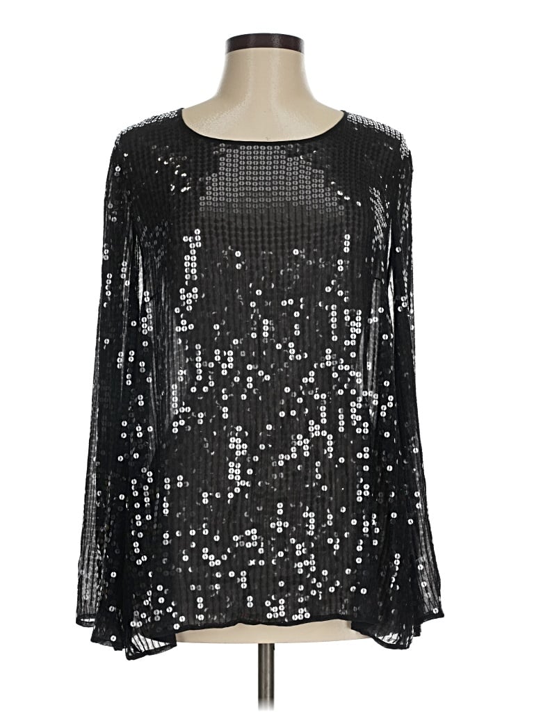 Pre-owned Donna Karan Long Sleeve Silk Top Silver Square Neckline Tops