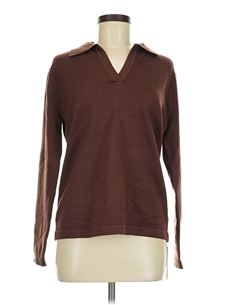 Pre-owned Commense Long Sleeve Top Brown V-neck Tops