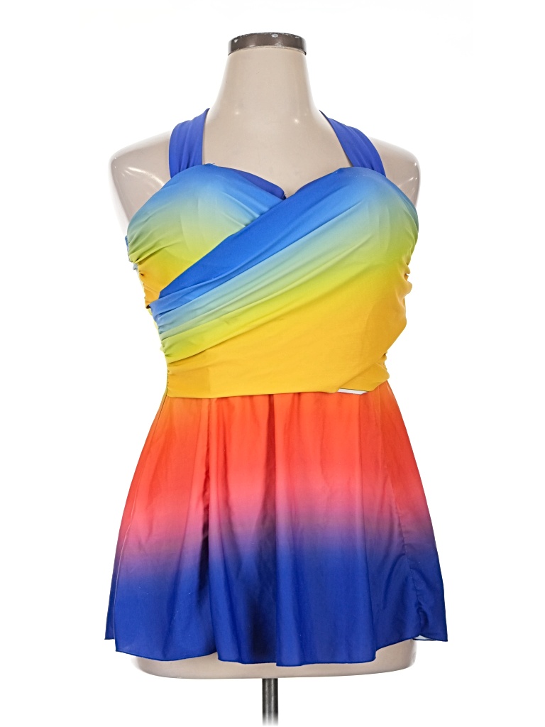 Pre-owned Unbranded Swimsuit Top Blue Color Block Pattern Halter Neckline Swimwear