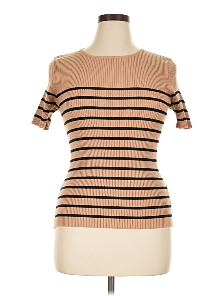 Pre-owned Zesica Short Sleeve Top Tan Cold Shoulder Neckline Tops