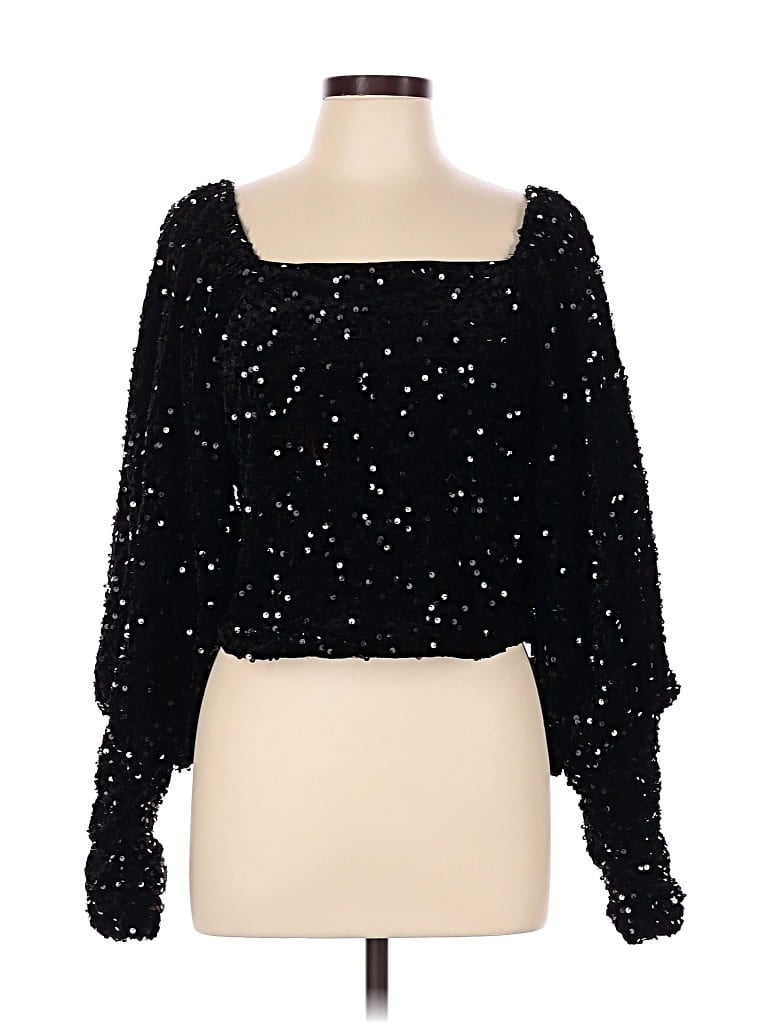 Pre-owned Listicle Long Sleeve Top Black Square Neckline Tops