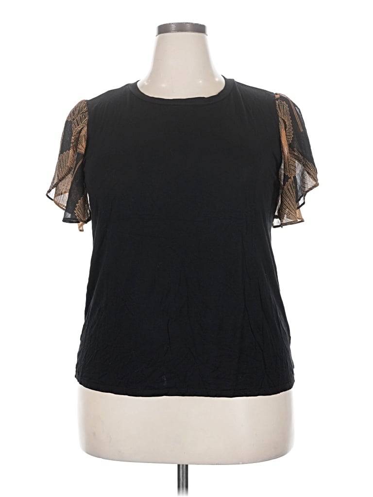 Pre-owned Beacon Short Sleeve Top Black Floral Pattern High Neck Tops