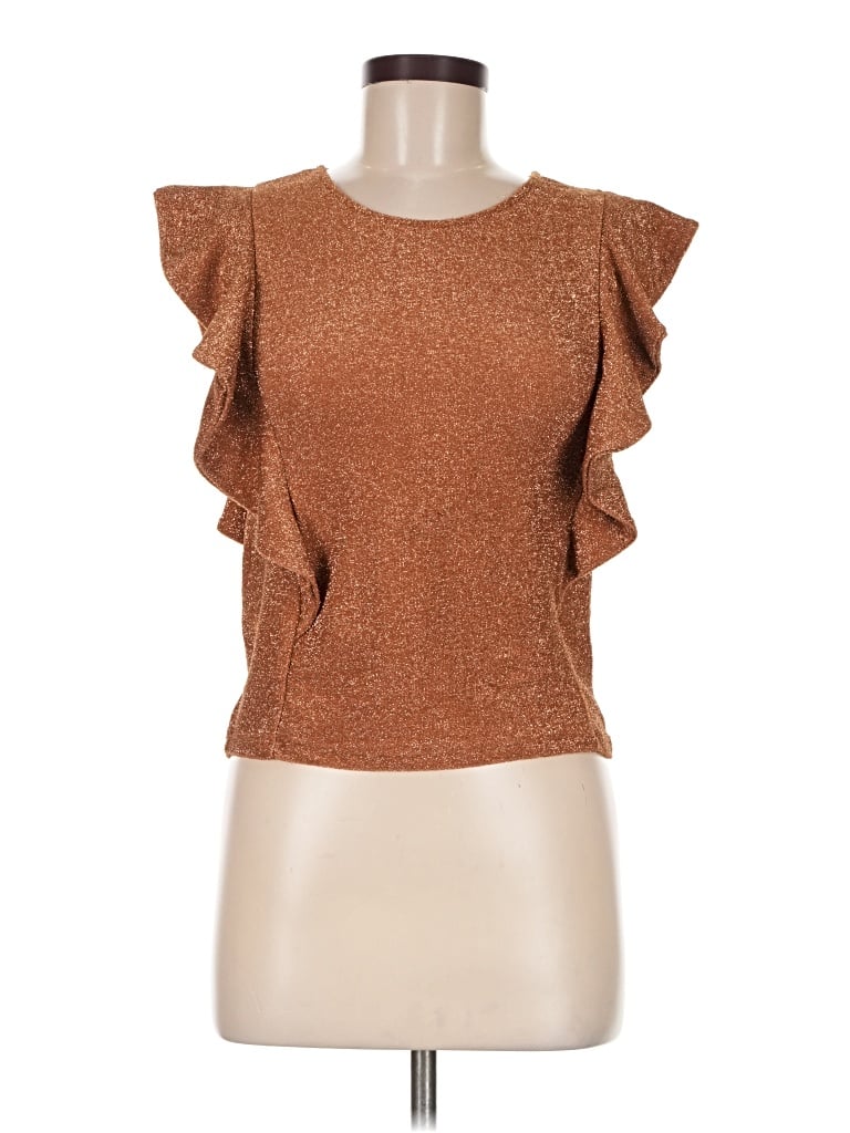 Pre-owned Leith Short Sleeve Top Brown Ruffles Neckline Tops